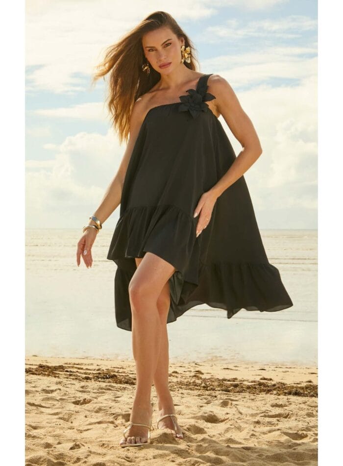 VESTIDO ASSIMETRICO FLORES PRETO - Imagem 2