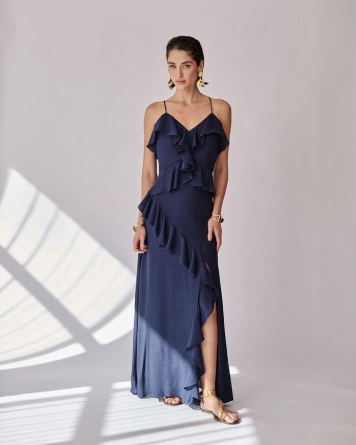 VESTIDO MAXI BABADOS AZUL MARINHO - Imagem 1