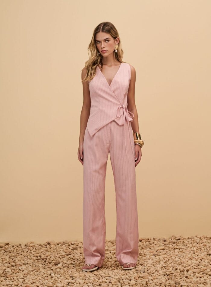 CONJUNTO BLUSA AMARRACAO E CALCA PANTALONA ROSA - Imagem 1