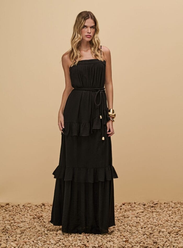 VESTIDO COM BABADO ASSIMETRICO PRETO - Imagem 1