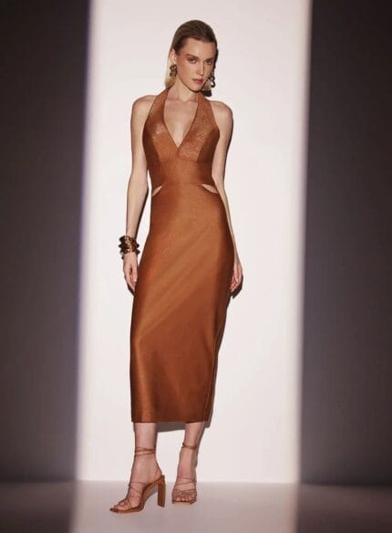 VESTIDO MIDI FRENTE UNICA LUREX LINEN MARROM EVERMORE