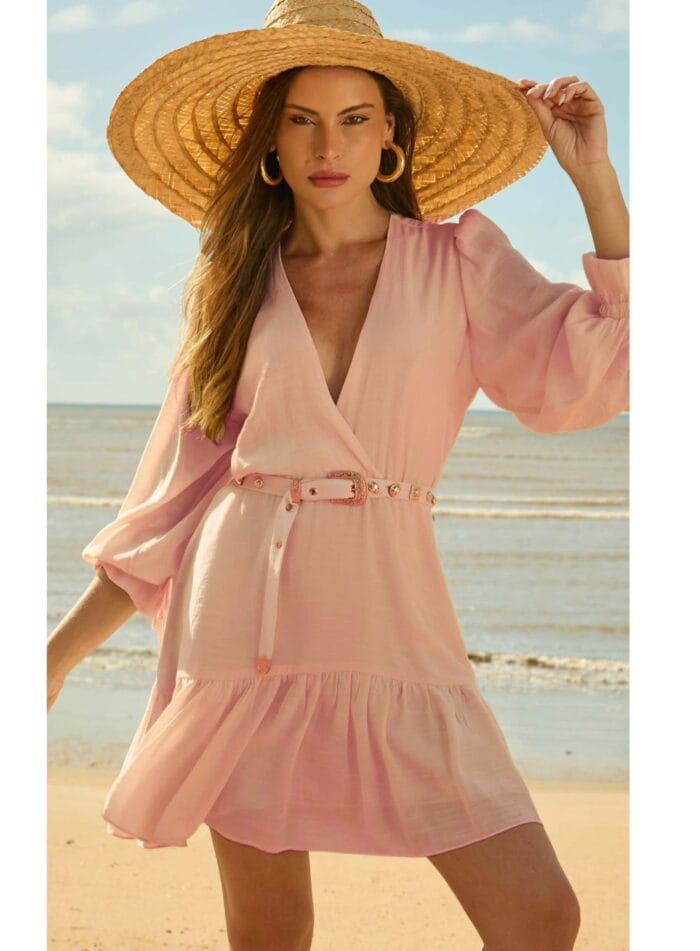 VESTIDO CURTO MANGA FIVELA BOHO ROSA BEBE - Imagem 1
