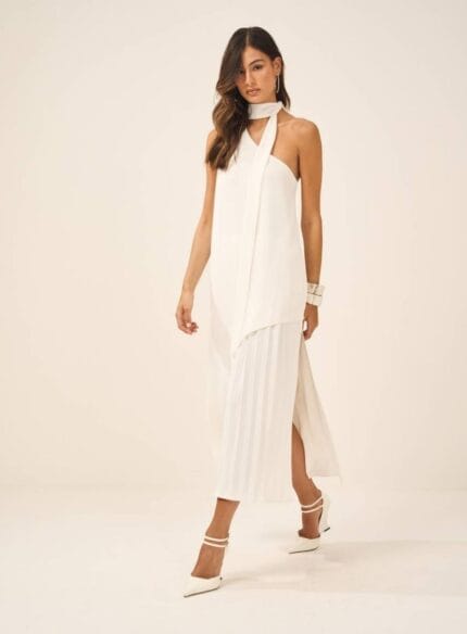 VESTIDO CREPE FENDA PLISSADO VANILA