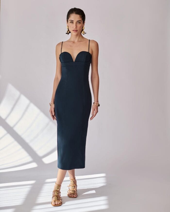 VESTIDO MIDI DECOTE CORACAO AZUL MARINHO - Imagem 1