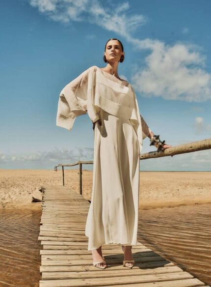 VESTIDO MANGA FARTA CREPE C/ TRANSPARENCIA OFF WHITE