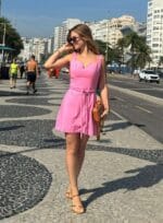 VESTIDO CURTO DETALHE CINTO LINEN CASUAL ROSA