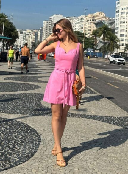 VESTIDO CURTO DETALHE CINTO LINEN CASUAL ROSA