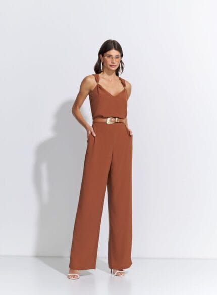 CONJUNTO BLUSA DETALHE ALCA WIDE LEG CREPE VOGUE CACAU