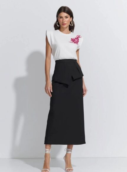 SAIA MIDI PEPLUM CREPE ELEGANCE PRETO