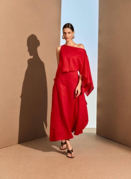VESTIDO MIDI LINHO ASSIMETRICO VERMELHO