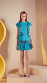 VESTIDO MINI C BABADOS E GALAO TRICOT AZUL