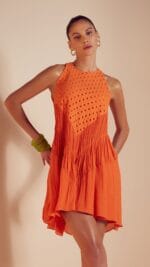 VESTIDO MINI AMPLO DRAPEADO EM V LARANJA - Imagem 2
