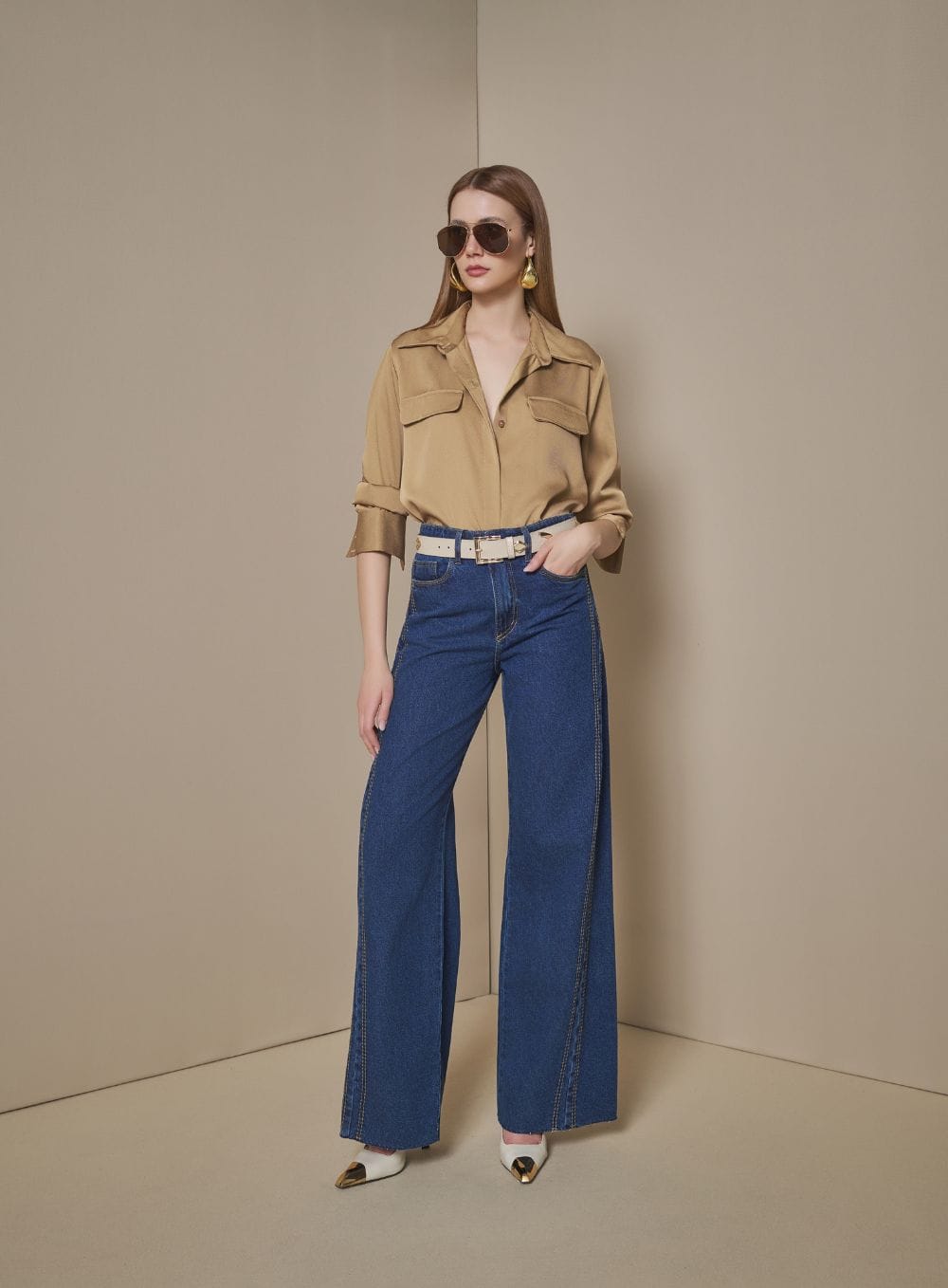 3ea545af9b626f096cf15a274d906fb6.jpg CALCA WIDE LEG PESPONTOS JEANS - Imagem 1